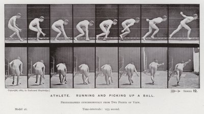 A Figura Humana em Movimento: Atleta, correndo e pegando uma bola (foto a p/b) de Eadweard Muybridge