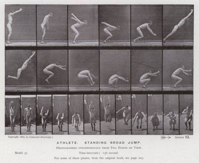 A Figura Humana em Movimento: Atleta, salto largo em pé (foto a p/b) de Eadweard Muybridge