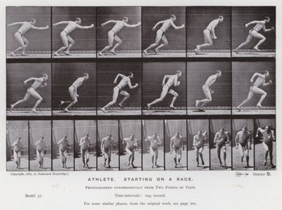 A Figura Humana em Movimento: Atleta, começando em uma corrida (foto a p/b) de Eadweard Muybridge