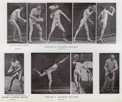 A Figura Humana em Movimento: Levantando uma rocha de 75 libras; Levantando uma rocha de 20 libras (foto a p/b) de Eadweard Muybridge