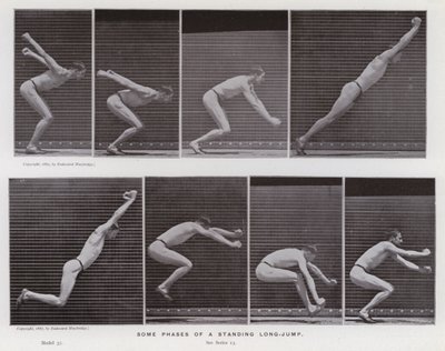 A Figura Humana em Movimento: Algumas fases de um salto longo de pé (foto a p/b) de Eadweard Muybridge