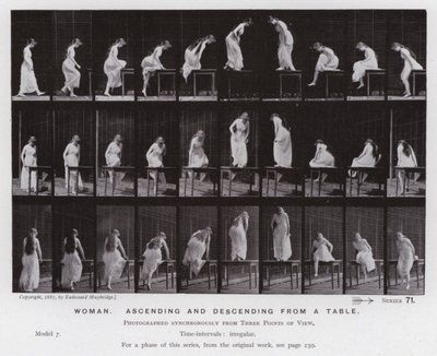A Figura Humana em Movimento: Mulher, ascendente e descendente a partir de uma mesa (foto a p/b) de Eadweard Muybridge