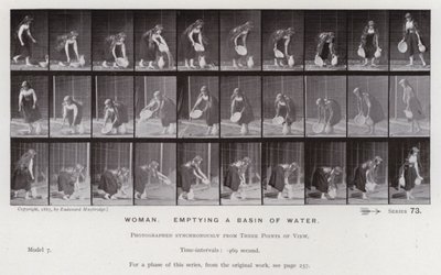 A Figura Humana em Movimento: Mulher, esvaziando uma bacia de água (foto a p/b) de Eadweard Muybridge