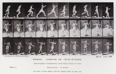 A Figura Humana em Movimento: Mulher, pulando em "step-stones" (foto a p/b) de Eadweard Muybridge