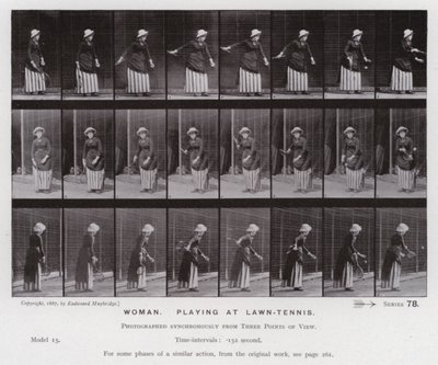A Figura Humana em Movimento: Mulher, a brincar no ténis de relva (foto a p/b) de Eadweard Muybridge