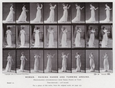 A Figura Humana em Movimento: Mulher, levantando as mãos e virando-se (foto a p/b) de Eadweard Muybridge