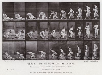 A Figura Humana em Movimento: Mulher, sentada no chão (foto a p/b) de Eadweard Muybridge