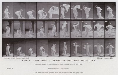 A Figura Humana em Movimento: Mulher, atirando um xaile aos ombros (foto a p/b) de Eadweard Muybridge