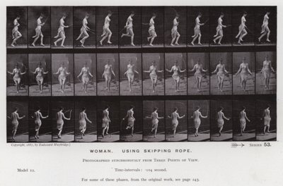 A Figura Humana em Movimento: Mulher, usando corda de saltar (foto a p/b) de Eadweard Muybridge