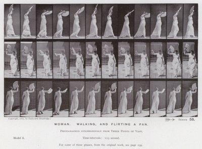 A Figura Humana em Movimento: Mulher, andando e flertando com um ventilador (foto a p/b) de Eadweard Muybridge