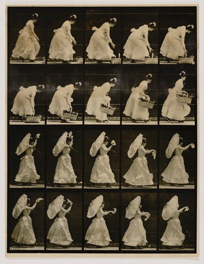 Mulher a levantar um cesto e a acenar com um lenço, do livro Animal Locomotion de Eadweard Muybridge