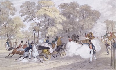 A tentativa de Edward Oxford de assassinar a Rainha Vitória e o Príncipe Alberto na Constitution Hill, na noite de quarta-feira, 10 de junho, gravada por J. R. Jobbins de Ebenezer (after) Landells