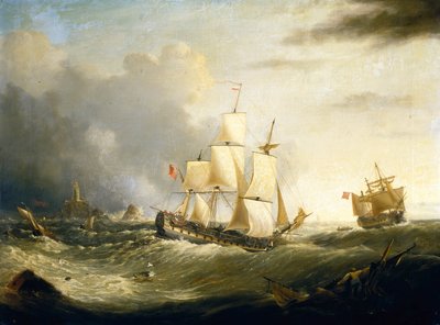 Two Deckers off Longships Lighthouse, Lands End (óleo sobre tela) de Ebenezer Colls
