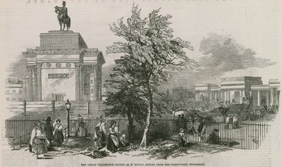 A grande estátua de Wellington e Arch como seria de aparecer do Green Park, Piccadilly de Ebenezer Landells