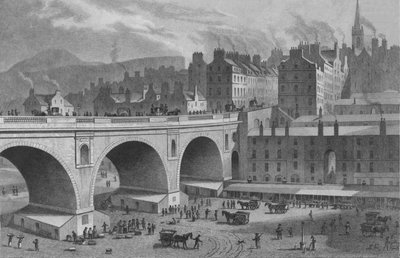 Mercado de vegetais e peixes, da Galeria Rainbow, Edimburgo, 1830. de Ebenezer Stalker