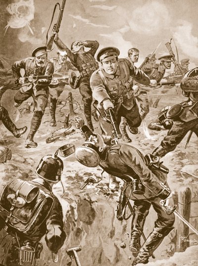 O cabo J. Davies e oito homens que, juntamente com a baioneta, encaminhavam um grupo de alemães que os tinha cercado anteriormente (litho) de Edgar Alfred Holloway