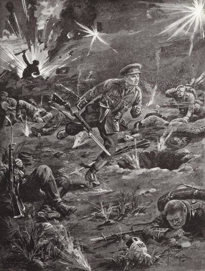 O tenente Benjamin Geary, apressado sob fogo pesado, para uma trincheira à direita de Hill 60 para entrar em contato com um oficial, Ypres, Bélgica, abril de 1915 de Edgar Alfred Holloway