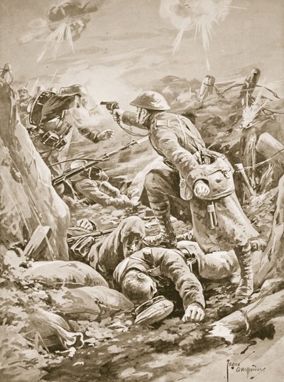 Privado (interino-corporal) L. Clarke, sozinho, segurando à distância um grupo de alemães durante um contra-ataque de Edgar Alfred Holloway