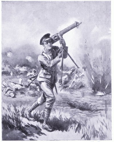 Private Lynn carregando uma metralhadora para conserto sob fogo pesado na Batalha de Aisne. Concedido o DCM 1915 de Edgar Alfred Holloway