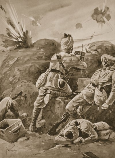 Sepoy Khudadad trabalhando uma metralhadora depois que o resto do destacamento de armas foi morto de Edgar Alfred Holloway