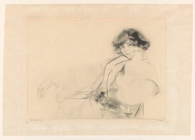 Mulher jovem com um laço no cabelo sentada em uma cadeira de Edgar Chahine (signed by artist)