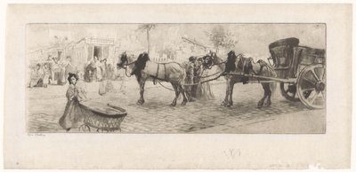 Vista de uma avenida com cavalos esticados em frente de uma carroça e uma mulher com um carrinho de bebé de Edgar Chahine