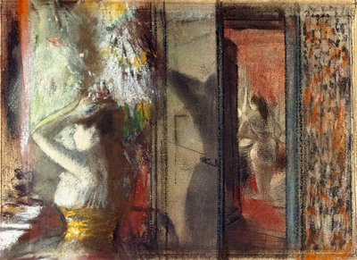 Camarim das atrizes, c.1885 (pastel sobre gravura no papel) de Edgar Degas