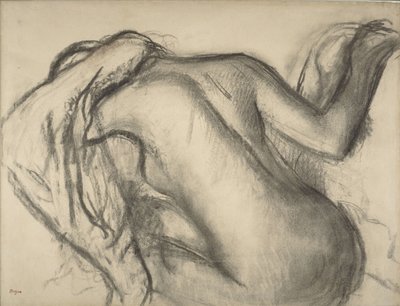 Depois do banho, mulher secando o cabelo, c.1893-98 (carvão e giz marrom no papel) de Edgar Degas