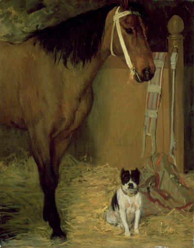 No estábulo, cavalo e cachorro, c.1862 de Edgar Degas