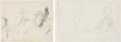 Cena de batalha com figuras blindadas a cavalo (reto) Duas mulheres sentadas (verso) de Edgar Degas