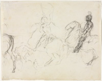 Cena de batalha com figuras blindadas a cavalo, no verso de Two Seated Women, 1856-1860. de Edgar Degas