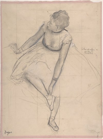 Dancer Adjusting Her Slipper, 1873 (grafite aumentado com giz preto e branco em papel rosa) de Edgar Degas