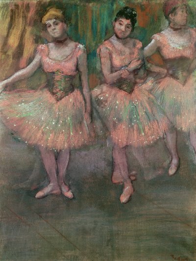 Dançarinos vestindo saias coloridas salmão de Edgar Degas