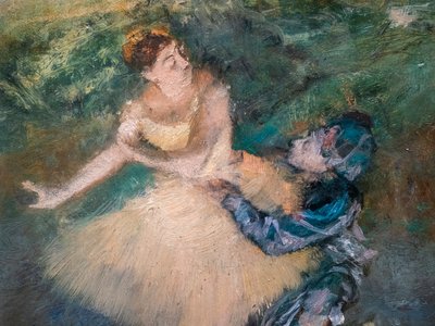 Arlequim e Colombine (detalhe). Por volta de 1895. Óleo sobre madeira. de Edgar Degas