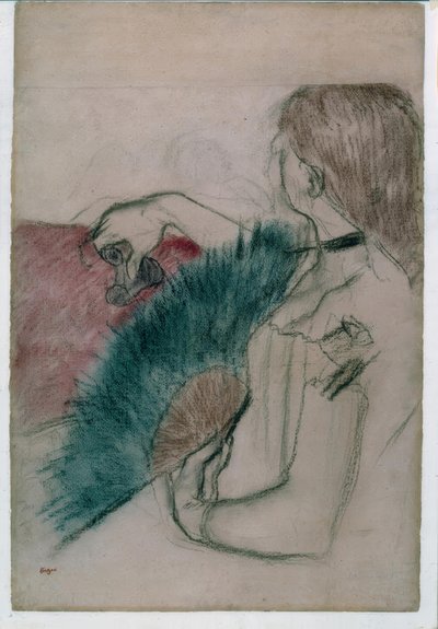 No teatro: mulher com uma ventoinha de Edgar Degas