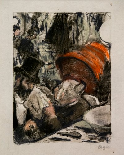 Ludovic Halevy a ouvir a história da Madame Cardeal num camarim. Por volta de 1876-1877. Pastel em monotipo com tinta preta, primeiro teste. de Edgar Degas