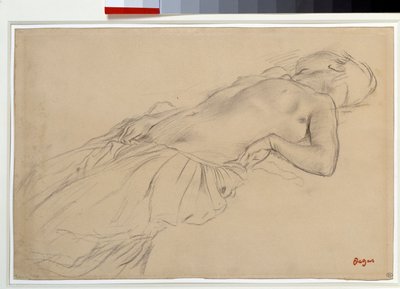 Mulher nua deitada em seu estudo de costas para "Cena de guerrilha na Idade Média" Lápis preto desenhado por Edgar Degas (1834-1917) Dim. 0,22 x 0,35 m Paris. Museu do Louvre de Edgar Degas