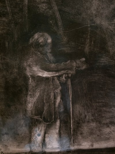O Mestre do Ballet (detalhe) (executado em colaboração com Ludovic Lepic). 1876. Monotipo em tinta preta com destaques em giz branco de Edgar Degas