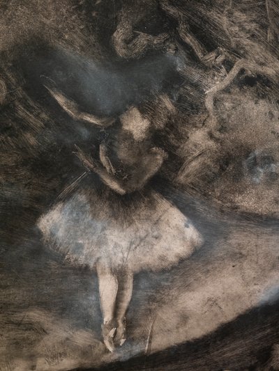 O Mestre do Ballet (detalhe) (executado em colaboração com Ludovic Lepic). 1876. Monotipo em tinta preta com destaques em giz branco de Edgar Degas