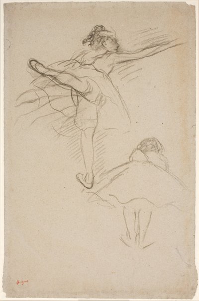 Dois estudos de bailarinas. Acima, dançarina em pé na perna esquerda; abaixo, dançarino inclinado para a frente visto de trás de Edgar Degas
