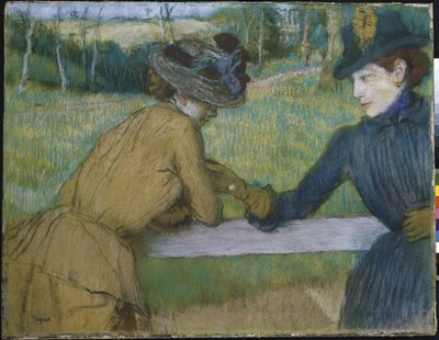 Duas mulheres, inclinar-se, um, cerca, trilho de Edgar Degas