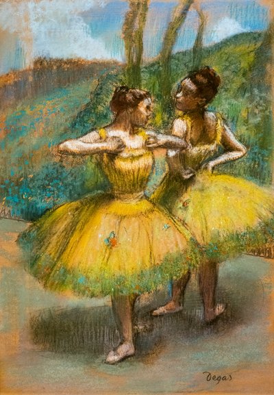 Duas dançarinas de amarelo. Por volta de 1896. Pastel e carvão vegetal em duas tiras de papel. de Edgar Degas