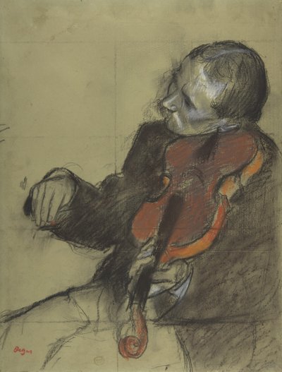 Violinista, Estudo para a Lição de Dança, 1878-79 (pastel e carvão em papel tufado verde) de Edgar Degas