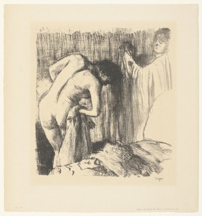 Mulher se seca após o banho e recebe roupas de mulher La Sortie du Bain de Edgar Degas
