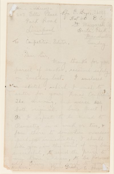Carta para um editor de competição de jornal, 1914-18 de Edgar Fryer