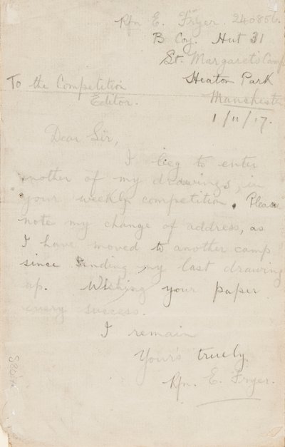 Carta para um editor de competição de jornal, 1 de novembro de 1917 de Edgar Fryer