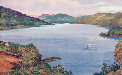 Um vislumbre do grande lago artificial do Ribeirão das Lajes, construído pela Rio de Janeiro Tramway, Light and Power Company (lito a cores) de Edgar L. Pattison