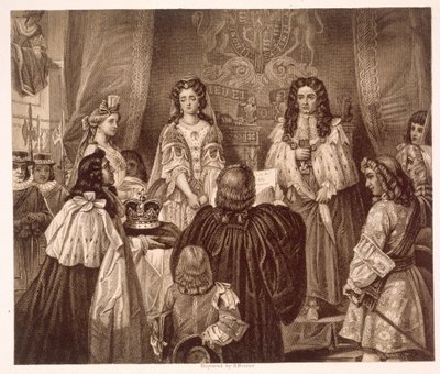 A coroa oferecida a Guilherme e Maria pelos Lordes e Comuns em Whitehall, 12 de fevereiro de Edgar Melville (after) Ward