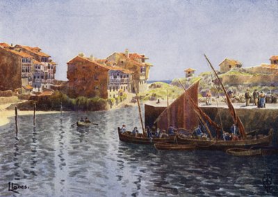 Norte da Espanha: Llanes, The Harbour (lito a cores) de Edgar T. A. Wigram