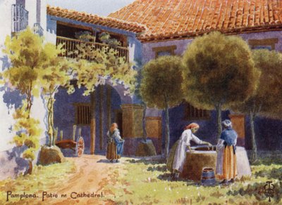 Norte da Espanha: Pamplona, A Patio perto da Catedral (lito a cores) de Edgar T. A. Wigram